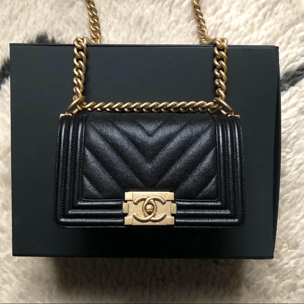 Chanel Small Black Caviar Chevron Boy Bag